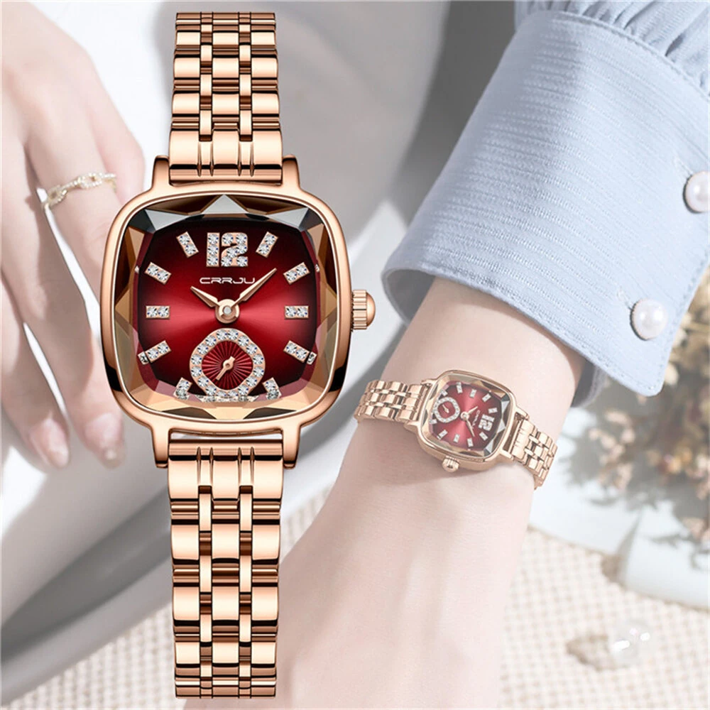 CRRJU Stainless Steel Women Watch Square Luxury Rhinestone Quartz Watch Business Waterproof Fashion Wrist Watch