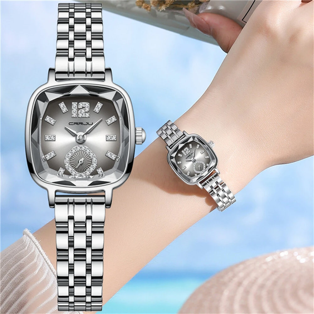 CRRJU Stainless Steel Women Watch Square Luxury Rhinestone Quartz Watch Business Waterproof Fashion Wrist Watch