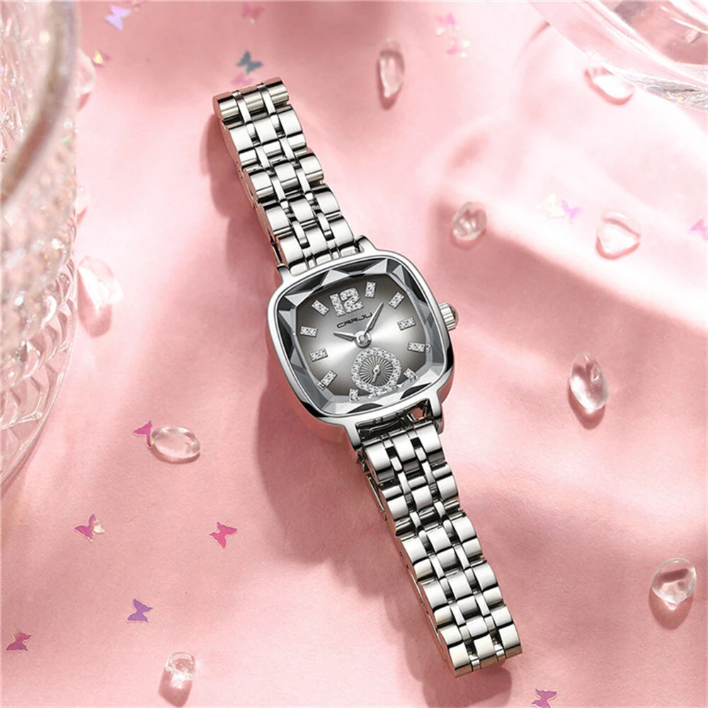 CRRJU Stainless Steel Women Watch Square Luxury Rhinestone Quartz Watch Business Waterproof Fashion Wrist Watch
