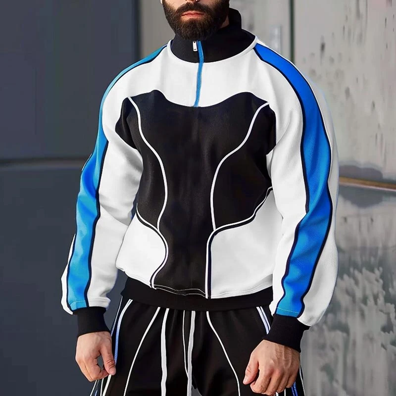 INCERUN Mens Contrast Color Print Half-Zip Long Sleeve Hoodie Sports Stand-up Collar Pullover Hoodies