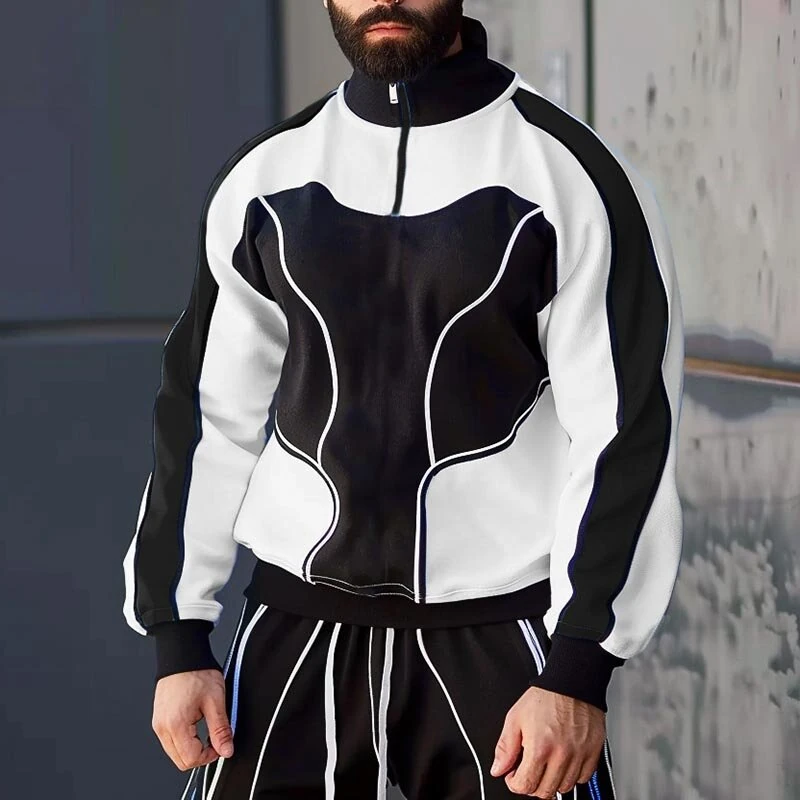 INCERUN Mens Contrast Color Print Half-Zip Long Sleeve Hoodie Sports Stand-up Collar Pullover Hoodies