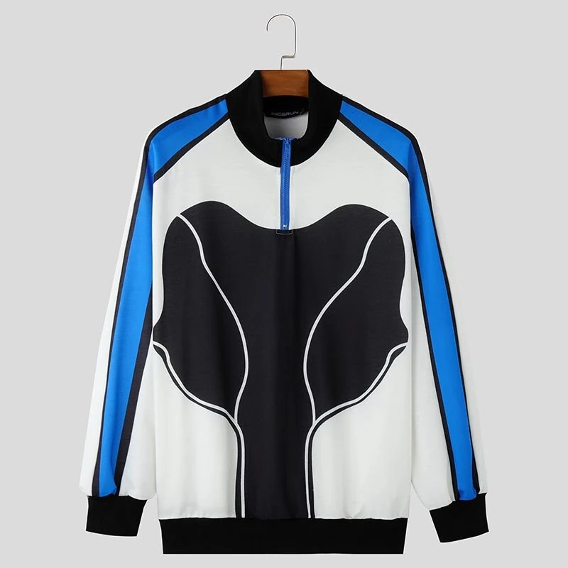 INCERUN Mens Contrast Color Print Half-Zip Long Sleeve Hoodie Sports Stand-up Collar Pullover Hoodies