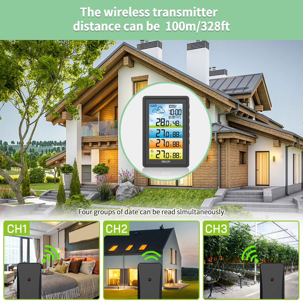 BALDR 3 Sensors Weather Station Wireless Indoor Outdoor Thermometer with Alarm Clock / Calendar / Weather Forecast