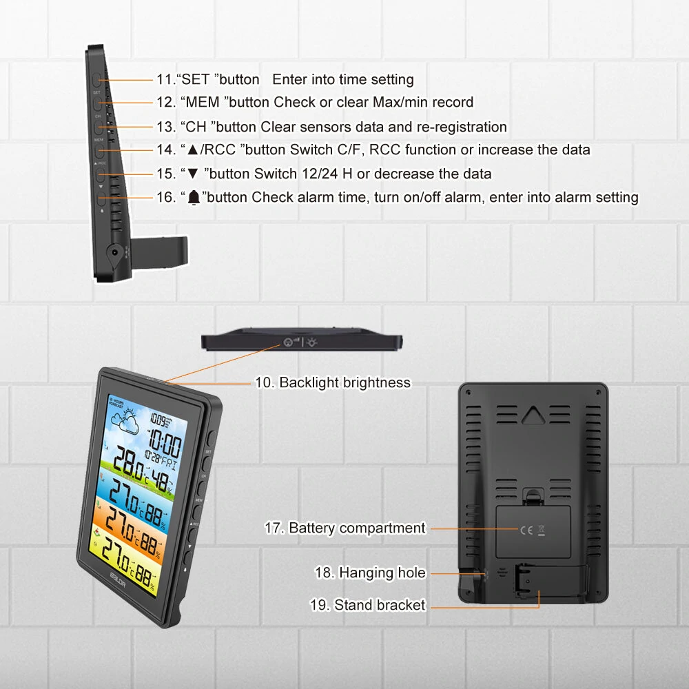 BALDR 3 Sensors Weather Station Wireless Indoor Outdoor Thermometer with Alarm Clock / Calendar / Weather Forecast