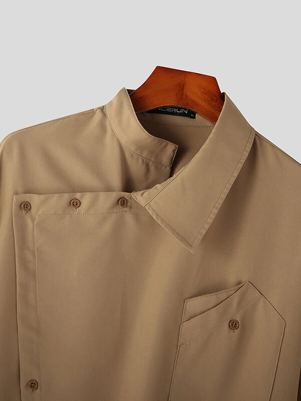 INCERUN Men Shirts Fashion Solid Color Lapel Shirt Top Daily Long Sleeve Shirt Mens Clothing with Pocket Casual Men's Suits