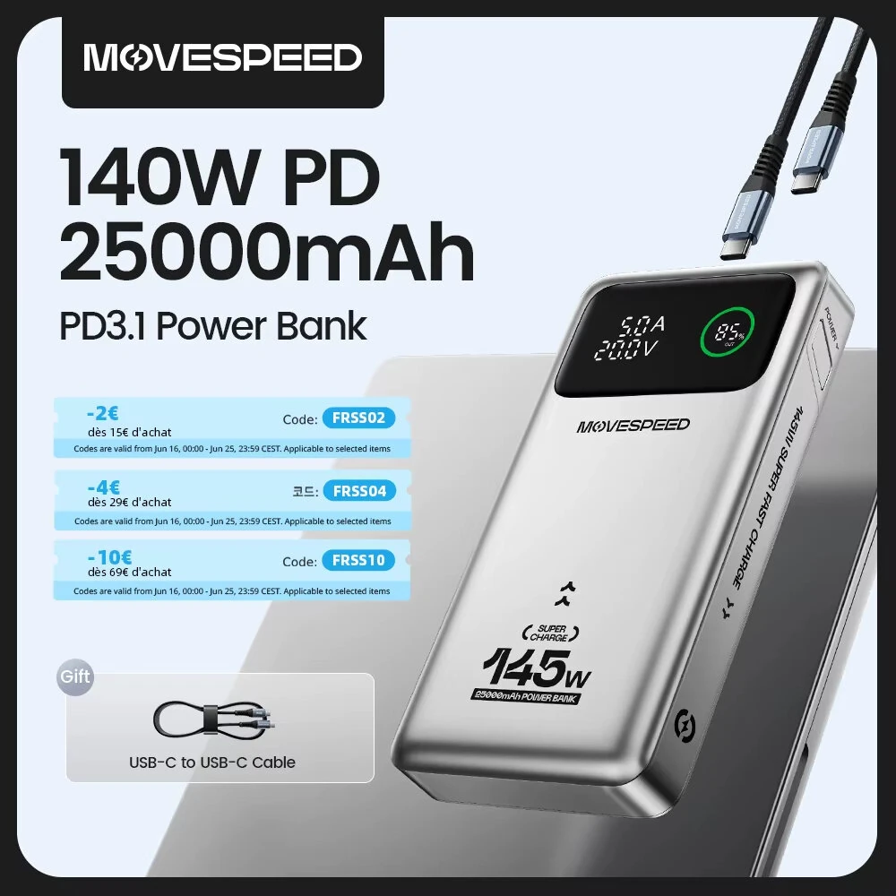 MOVESPEED M25Pro 145W 25000mAh Power Bank LED Display External Battery Power Supply with 1 Input & 3 Outputs Support PD3.1 Fast Charging for iPhone 16 16 Pro 15 14 13 Pro Max for Xiaomi 15pro for Samsung Galaxy S25 Ultra