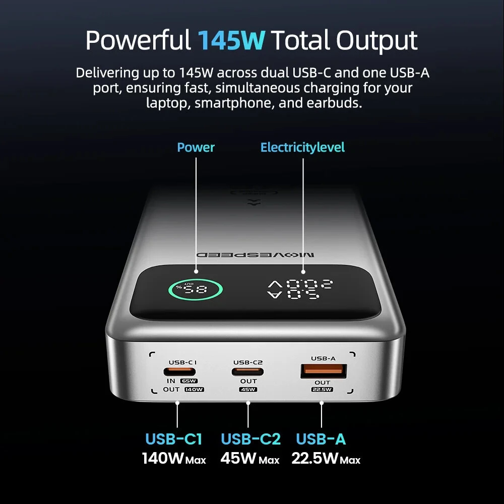 MOVESPEED M25Pro 145W 25000mAh Power Bank LED Display External Battery Power Supply with 1 Input & 3 Outputs Support PD3.1 Fast Charging for iPhone 16 16 Pro 15 14 13 Pro Max for Xiaomi 15pro for Samsung Galaxy S25 Ultra