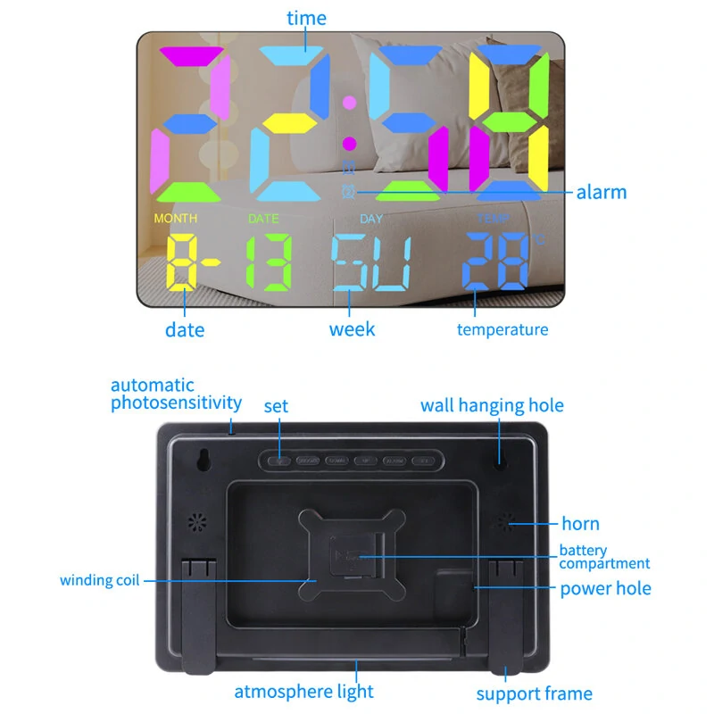 AGSIVO Large RGB Rainbow Digital Wall Clock Alarm Clock Large LED Display with Snooze / Remote Control / Automatic Brightness / Indoor Temperature / Date / Week / 12/24H For Home Office Classroom