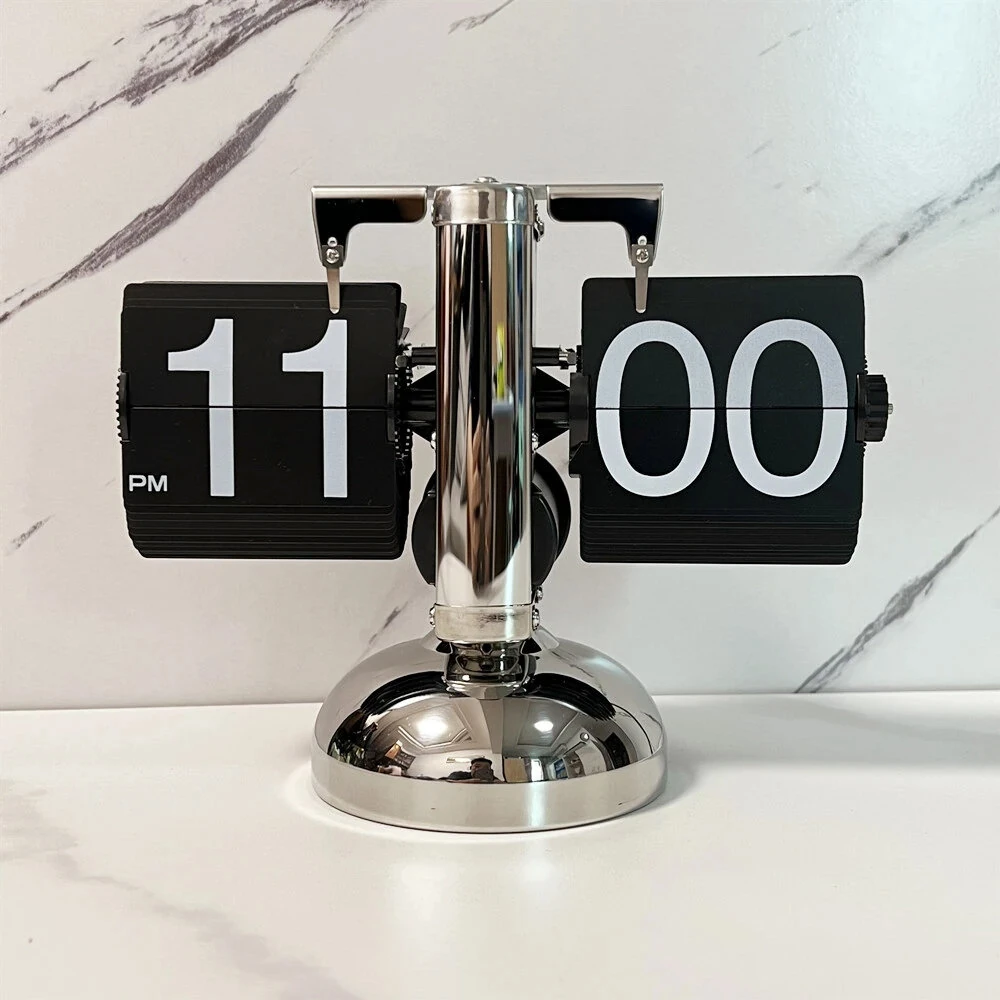Vintage Flip Clock 12-Hour Automatic Flip Clock Retro Stainless Steel Desk Clock Large Time Display Clock for Living Room Bedroom Household