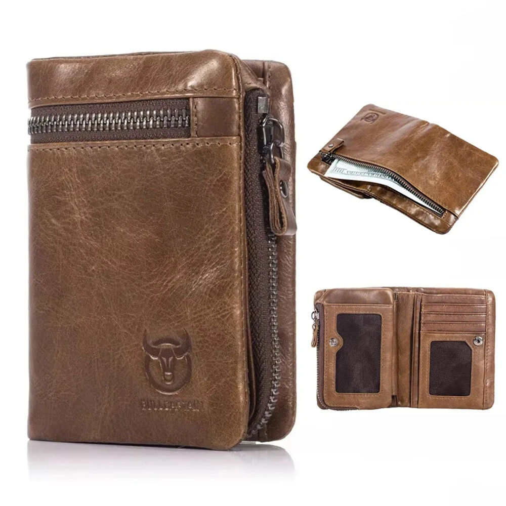 BULLCAPTAIN Men's Genuine Leather RFID Wallet Short Trifold Design Hasp Zipper Closure Card Holder Coin Pocket Money Purse