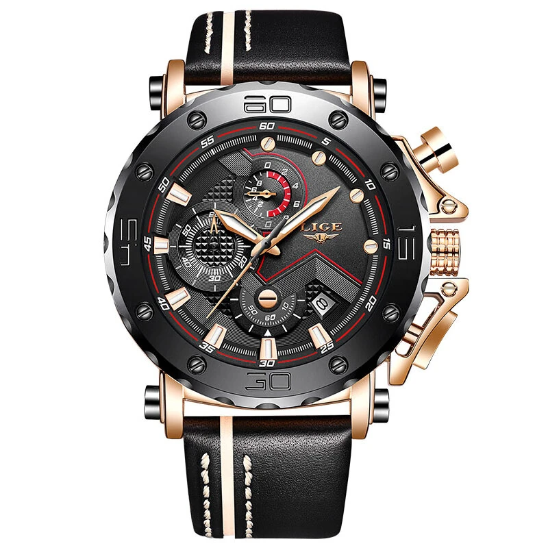 LIGE Men's Luxurious Fashion Quartz Watch Calendar Multifunction Waterproof Watch Chronograph Sport Wristwatch