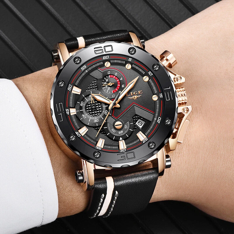 LIGE Men's Luxurious Fashion Quartz Watch Calendar Multifunction Waterproof Watch Chronograph Sport Wristwatch