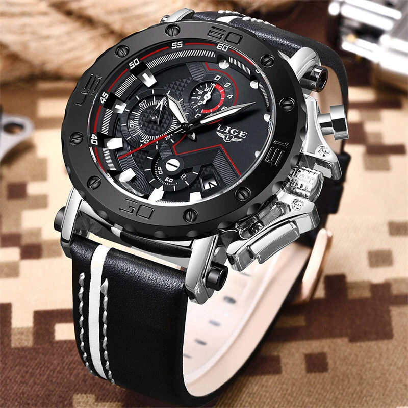 LIGE Men's Luxurious Fashion Quartz Watch Calendar Multifunction Waterproof Watch Chronograph Sport Wristwatch