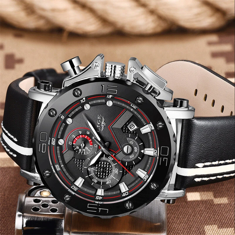 LIGE Men's Luxurious Fashion Quartz Watch Calendar Multifunction Waterproof Watch Chronograph Sport Wristwatch