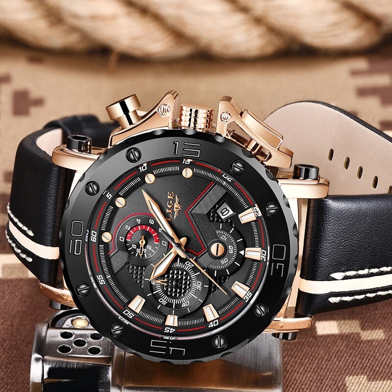 LIGE Men's Luxurious Fashion Quartz Watch Calendar Multifunction Waterproof Watch Chronograph Sport Wristwatch