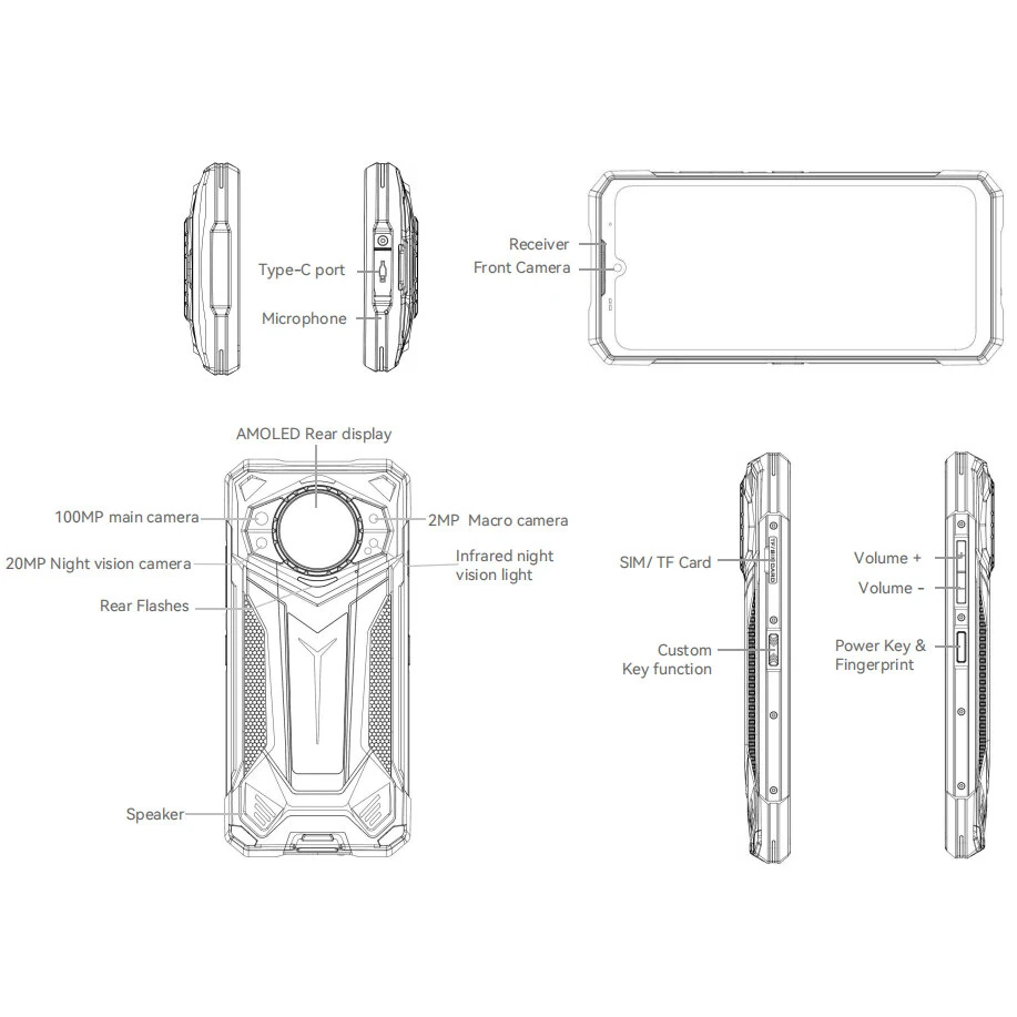 DOOGEE S200 Ultra AI 5G 1.32 inch AMOLED Rear Display 48GB 1TB LED light effect 100MP Triple Camera Night Vision Dimensity 7400 6.72 inch 120Hz 11000mAh 66W Fast Charge Android 15 NFC IP68 IP69K Waterproof Rugged Smartphone