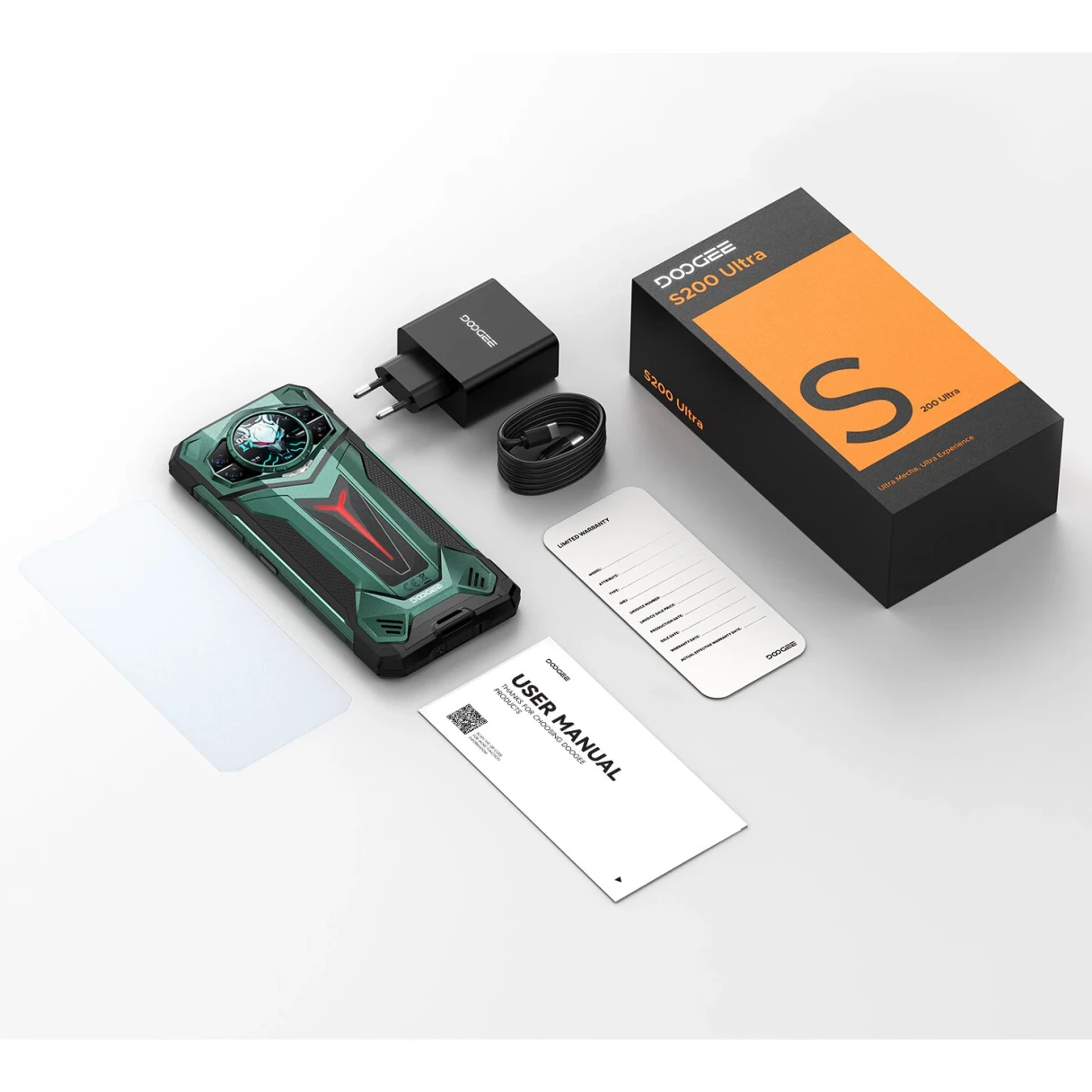 DOOGEE S200 Ultra AI 5G 1.32 inch AMOLED Rear Display 48GB 1TB LED light effect 100MP Triple Camera Night Vision Dimensity 7400 6.72 inch 120Hz 11000mAh 66W Fast Charge Android 15 NFC IP68 IP69K Waterproof Rugged Smartphone