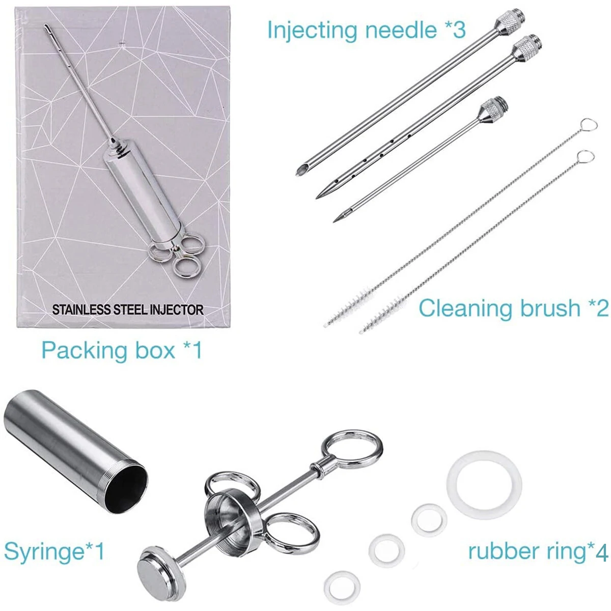 304 Meat Injector Stainless Steel BBQ Meat Injector Marinade Syringe 60ml with 3 Needles Kitchen Beef Gadget