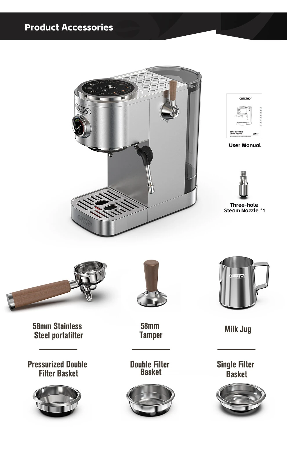 [EU Direct] HiBREW H13 Dual Boiler Espresso Machine & G5 Coffee Grinder Set With PID Temp Control 36 Grind Levels Milk Frothing Home Barista Kit