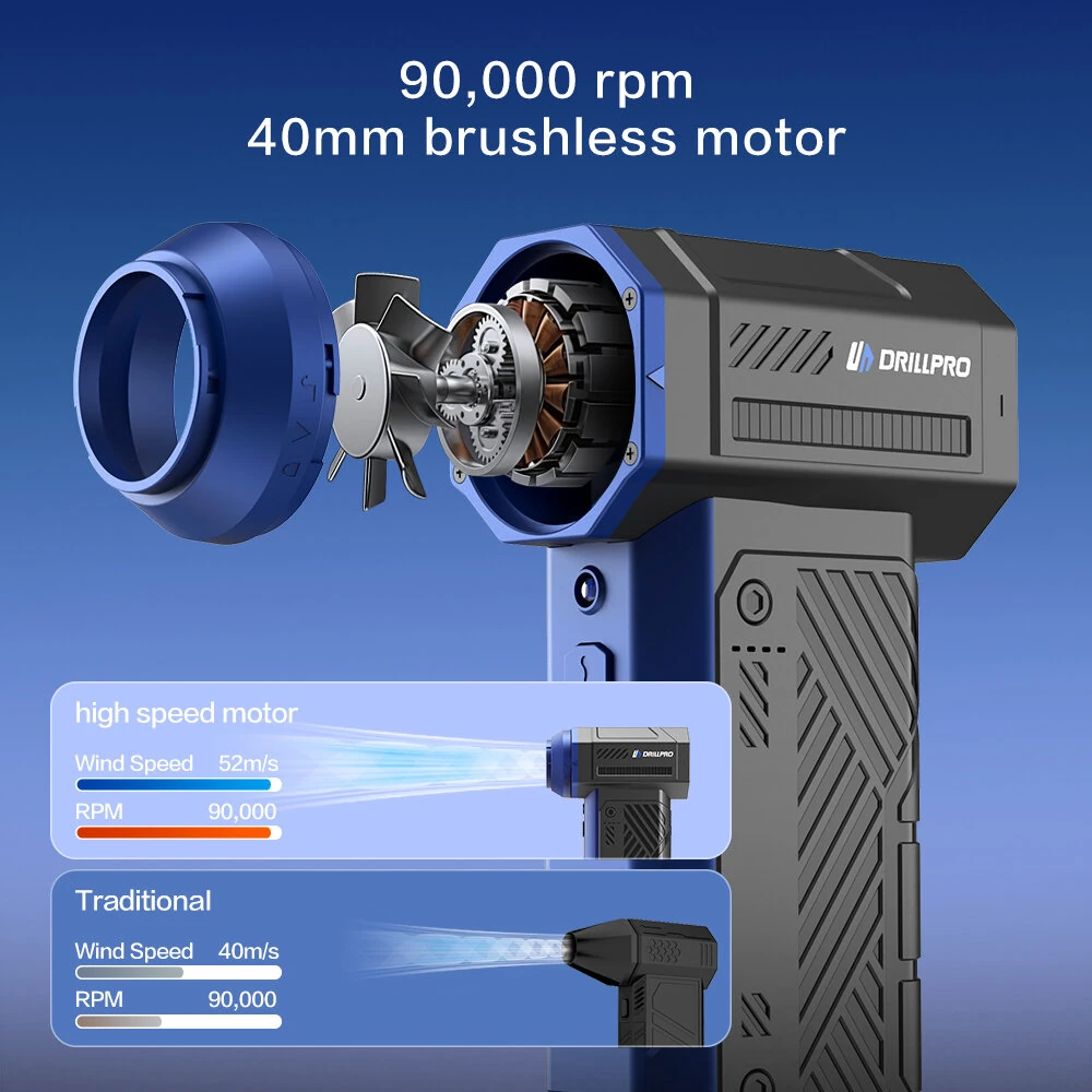 Drillpro G3 90,000RPM 40mm Brushless Motor Turbo Fan 350g Wind Pressure with Multi Nozzles Rechargeable 3*2500mAh Battery LED Light Professional Air Blower Tool