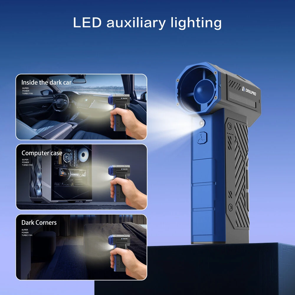 Drillpro G3 90,000RPM 40mm Brushless Motor Turbo Fan 350g Wind Pressure with Multi Nozzles Rechargeable 3*2500mAh Battery LED Light Professional Air Blower Tool