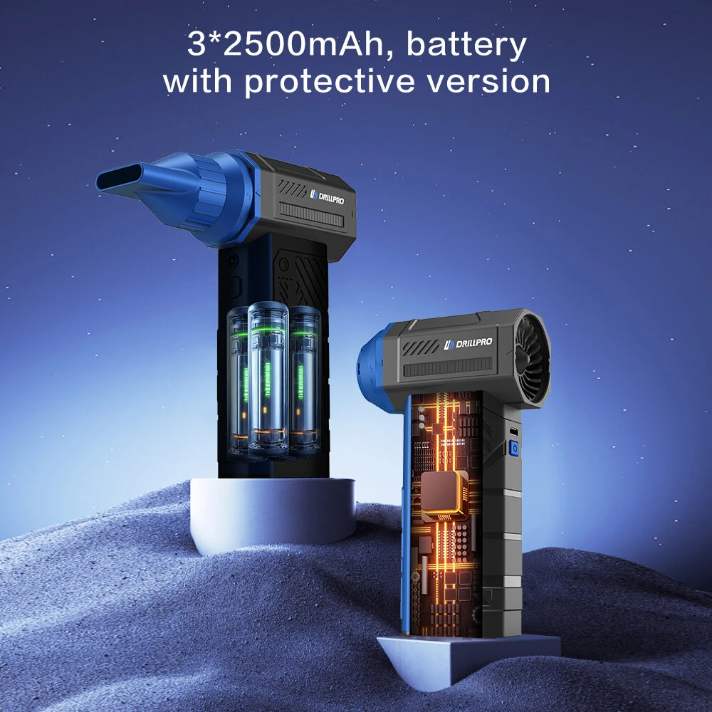 Drillpro G3 90,000RPM 40mm Brushless Motor Turbo Fan 350g Wind Pressure with Multi Nozzles Rechargeable 3*2500mAh Battery LED Light Professional Air Blower Tool