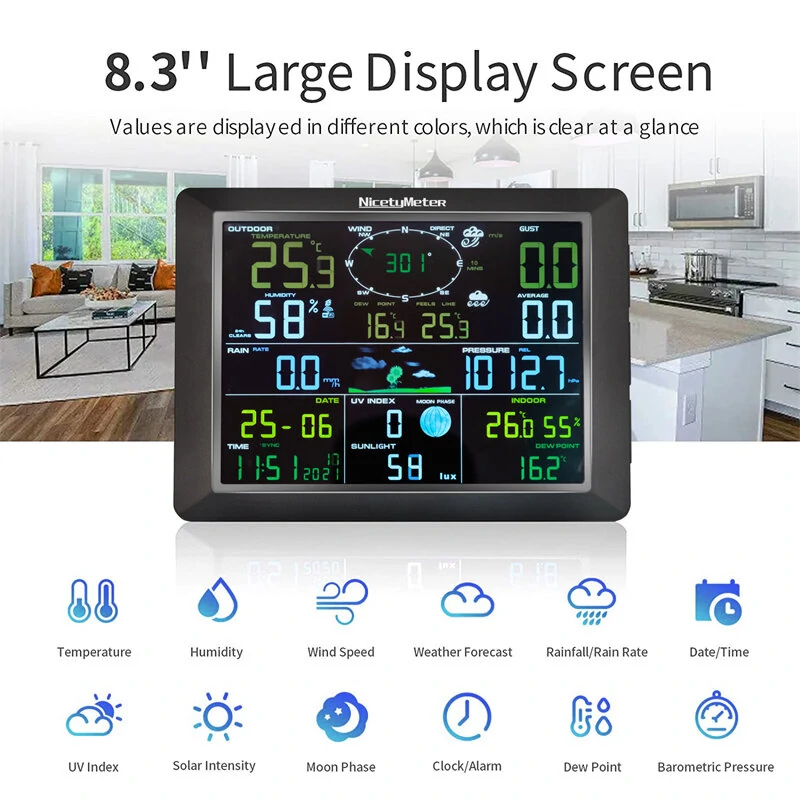 0310 Wireless 2.4G Wifi Weather Station with 8.3 inch Large Display Indoor Outdoor Thermometer Hygrometer Wind Speed Moon Phase UV Index Alarm Clock Multifunctional Weather Station