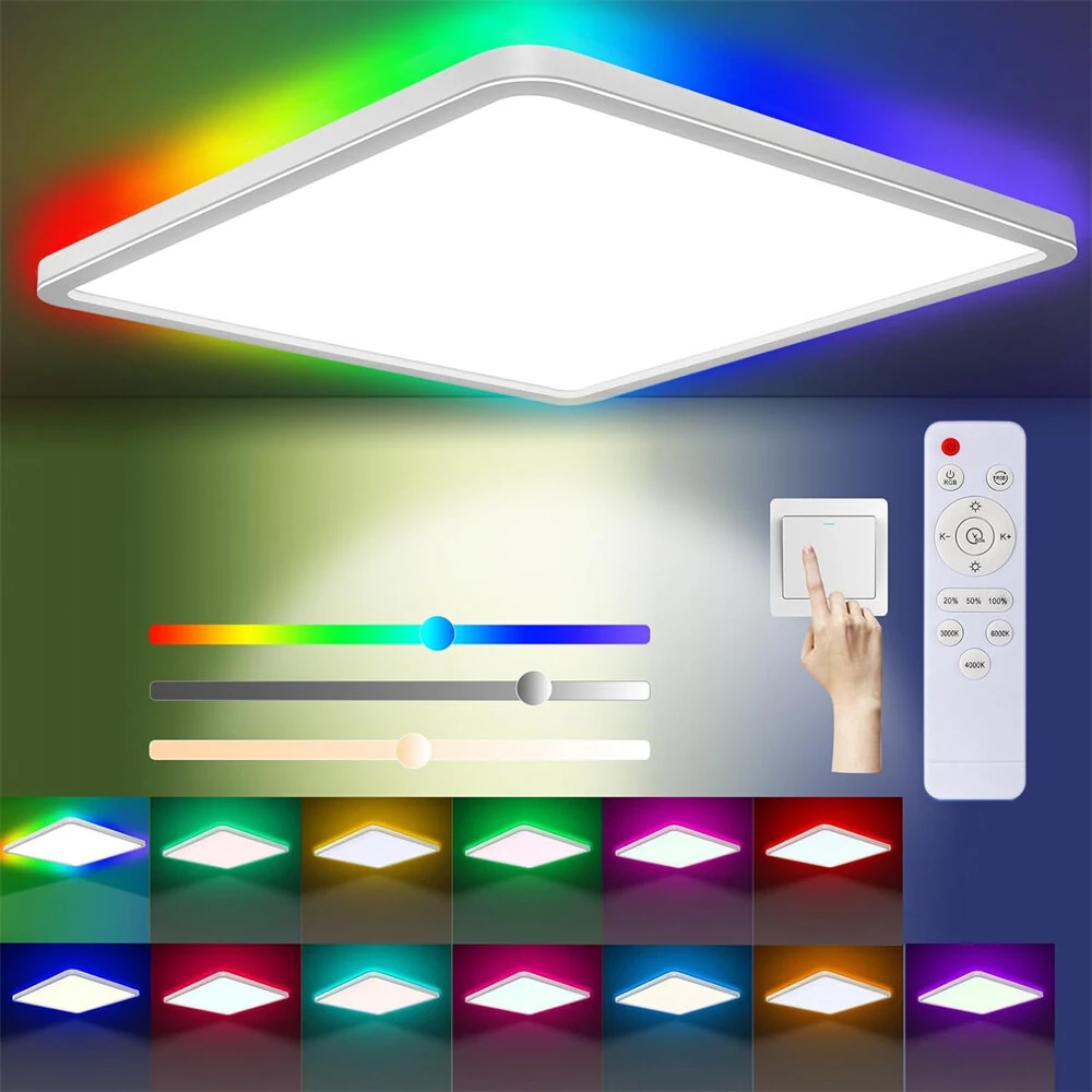 Elfeland 24W 30cm LED Square Ceiling Light With RGB Ambient Backlight Remote Control APP Control Dimmable Modern Ceiling Lamp