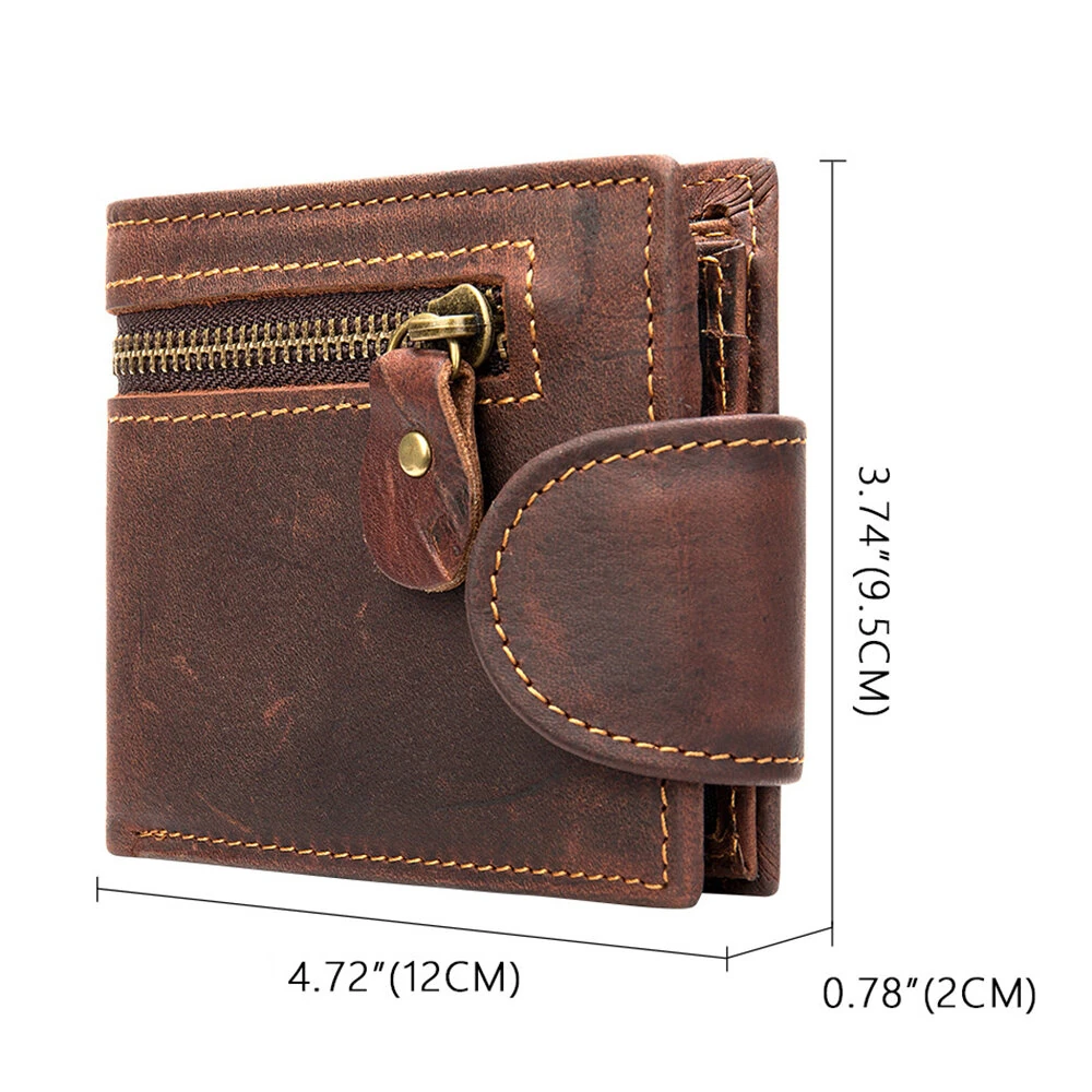 Ekphero Men's Vintage Genuine Leather Short Wallet with Zipper Pocket and Snap Closure Stylish Bifold Multi-Card Holder Coin Purse Money Clip