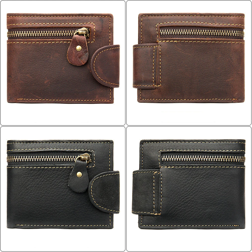 Ekphero Men's Vintage Genuine Leather Short Wallet with Zipper Pocket and Snap Closure Stylish Bifold Multi-Card Holder Coin Purse Money Clip