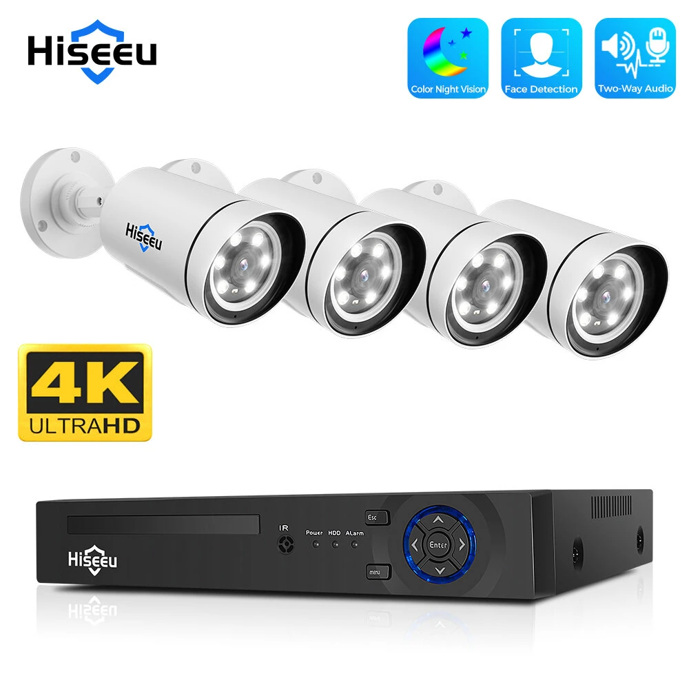 Hiseeu 4K UHD 4CH 8MP PoE Security Camera Kit Color Night Vision Two-way Audio Humanoid Detection Remote APP Viewing Outdoors IP Monitoring Cameras Kit