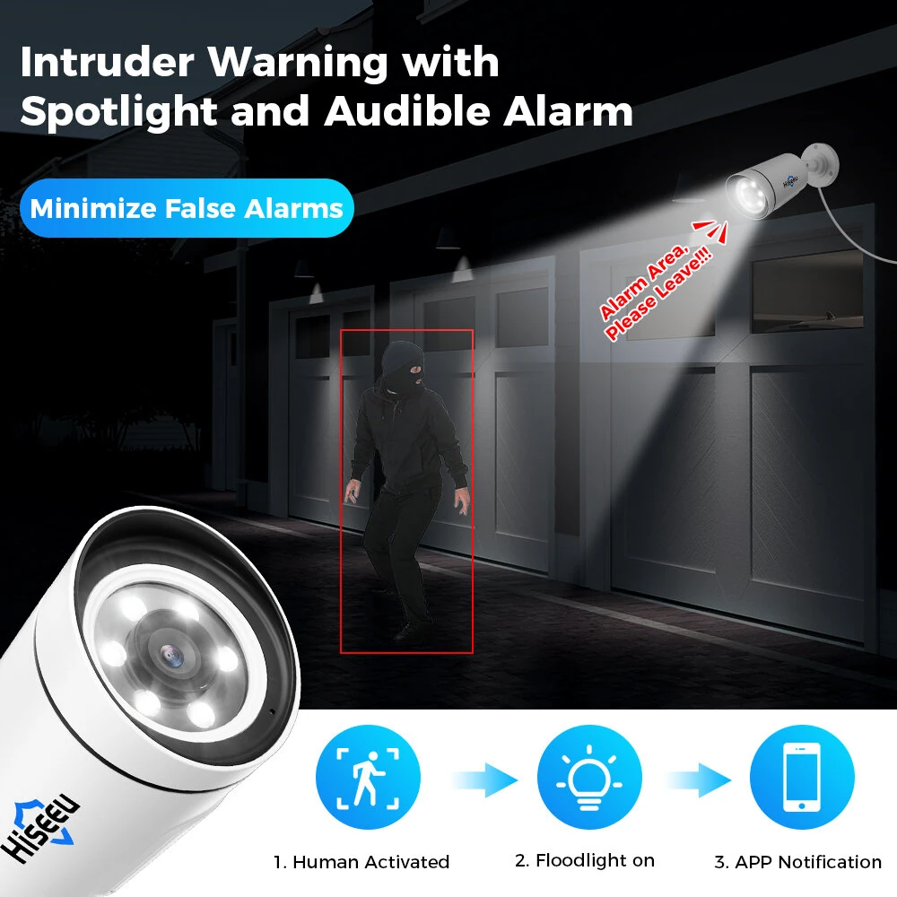 Hiseeu 4K UHD 4CH 8MP PoE Security Camera Kit Color Night Vision Two-way Audio Humanoid Detection Remote APP Viewing Outdoors IP Monitoring Cameras Kit