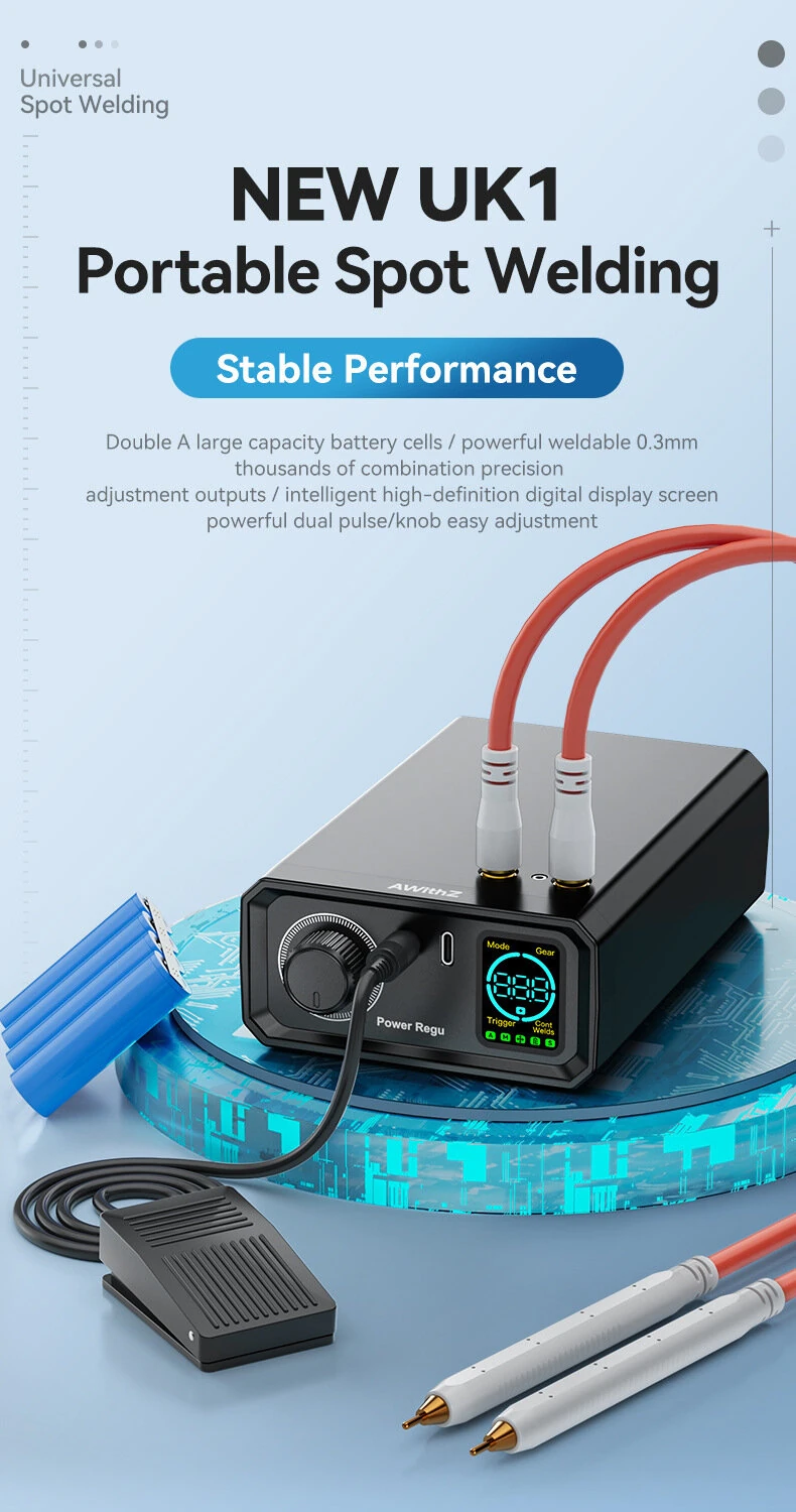 AWithZ UK1 Portable Spot Welder Lithium Battery 0.3mm Nickel Welding Digital Display Compact Design Type-C Charging Automatic Manual Mode