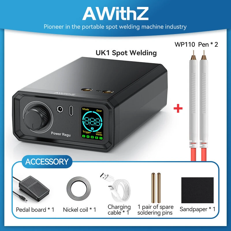 AWithZ UK1 Portable Spot Welder Lithium Battery 0.3mm Nickel Welding Digital Display Compact Design Type-C Charging Automatic Manual Mode