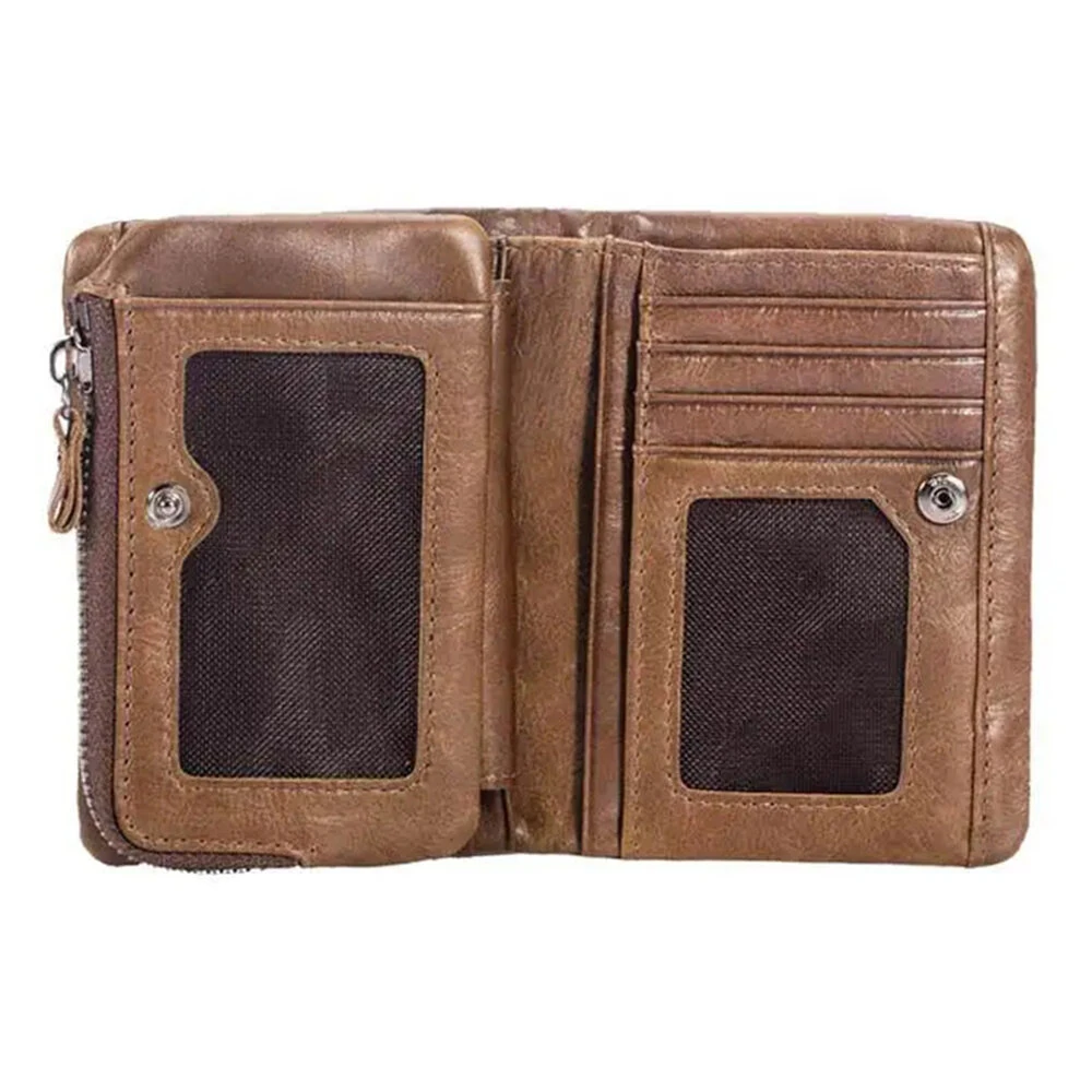 BULLCAPTAIN Men's Genuine Leather RFID Wallet Short Trifold Design Hasp Zipper Closure Card Holder Coin Pocket Money Purse
