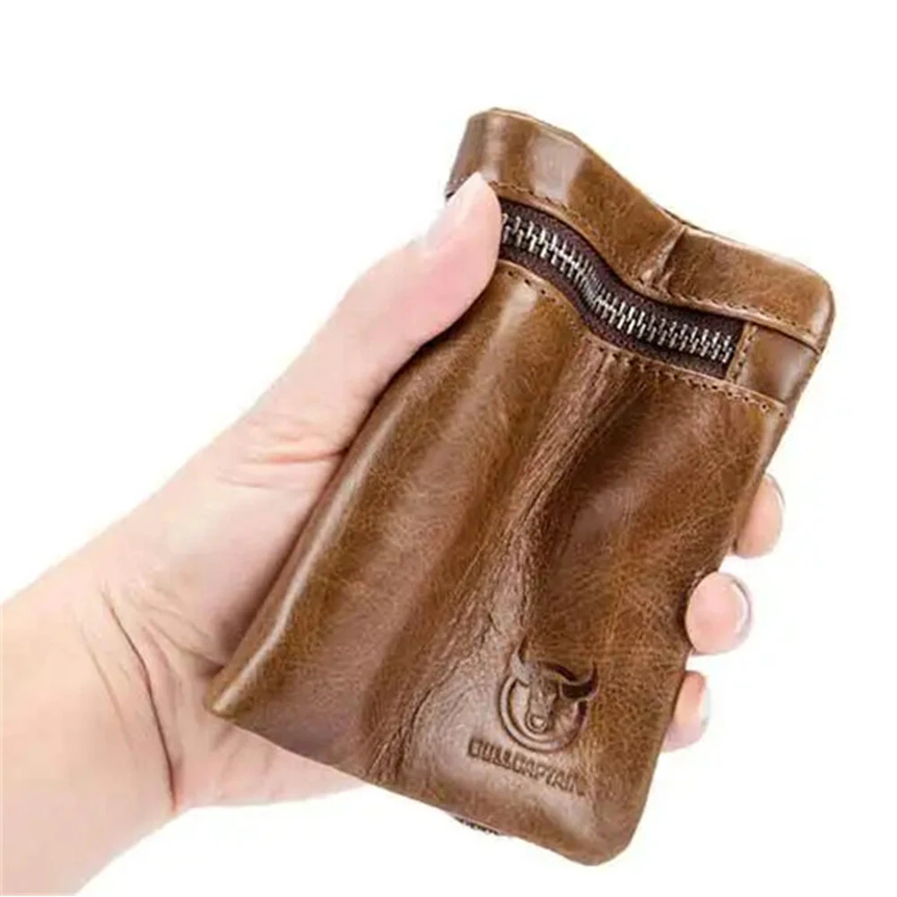 BULLCAPTAIN Men's Genuine Leather RFID Wallet Short Trifold Design Hasp Zipper Closure Card Holder Coin Pocket Money Purse