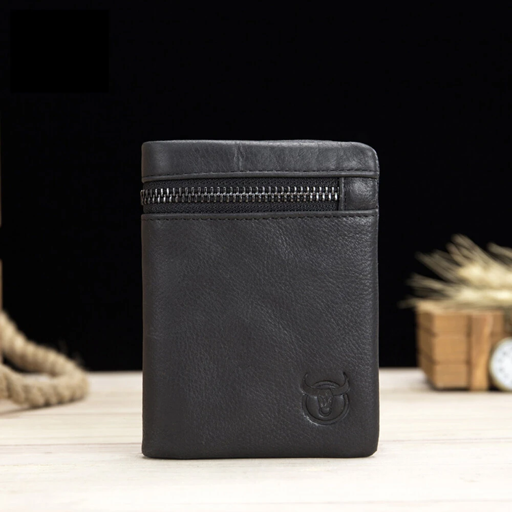 BULLCAPTAIN Men's Genuine Leather RFID Wallet Short Trifold Design Hasp Zipper Closure Card Holder Coin Pocket Money Purse