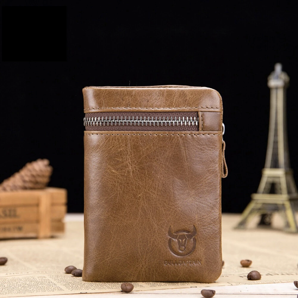 BULLCAPTAIN Men's Genuine Leather RFID Wallet Short Trifold Design Hasp Zipper Closure Card Holder Coin Pocket Money Purse