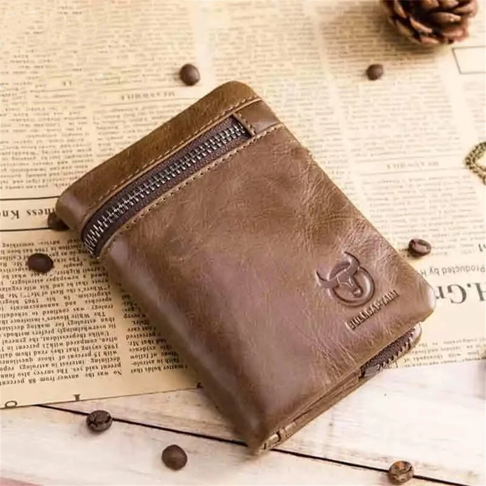 BULLCAPTAIN Men's Genuine Leather RFID Wallet Short Trifold Design Hasp Zipper Closure Card Holder Coin Pocket Money Purse