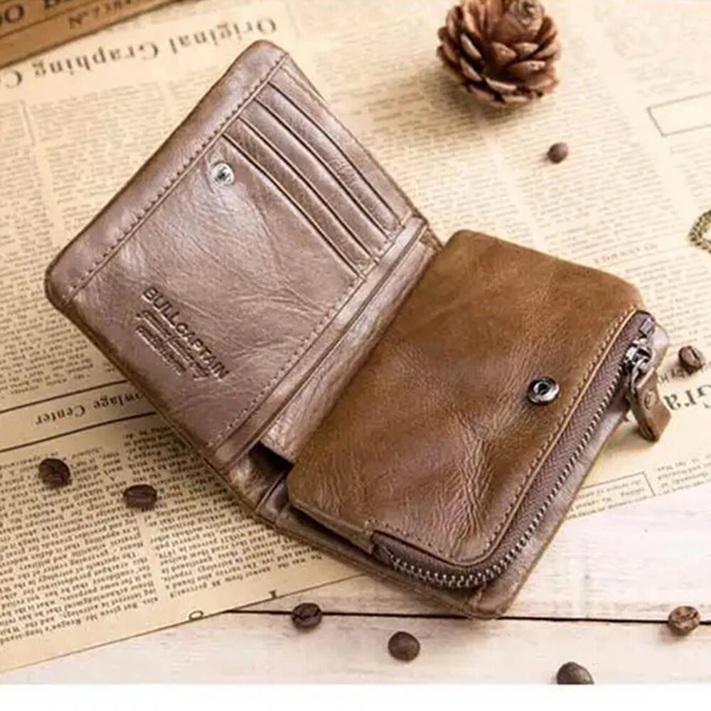 BULLCAPTAIN Men's Genuine Leather RFID Wallet Short Trifold Design Hasp Zipper Closure Card Holder Coin Pocket Money Purse