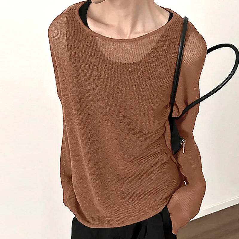 INCERUN Mens Relaxed Fit Hollow Knit Long Sleeve T-Shirt Soft Drape Fabric Slightly See-through Tshirt Top