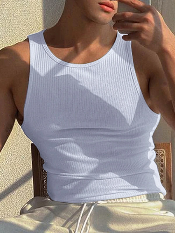 Mens Solid Crew Neck Rib-Knit Sleeveless Tank Top