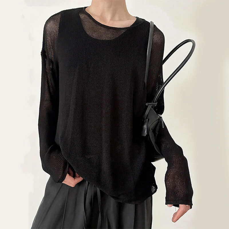 INCERUN Mens Relaxed Fit Hollow Knit Long Sleeve T-Shirt Soft Drape Fabric Slightly See-through Tshirt Top