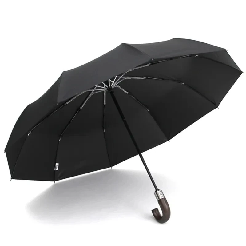 Automatic 10-Rib Wooden Curved Handle Automatic Umbrella 10K Automatic Folding Umbrella Rain Wind Resistant Umbrella Men Women UV Sun Protection Wooden Handle Umbrella