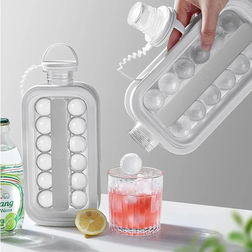 Portable Ice Hockey Pot 2 In 1 Water Bottle Ice Ball Machine Bottle Reusable Round Ice Cube Molds For Whiskey Juice Cocktails Kitchen Bar Ice Tools