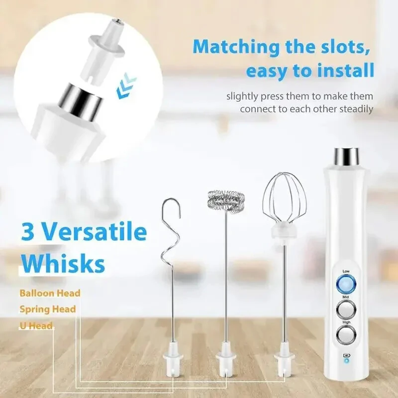 1200mAh Handheld Electric Egg Beater Coffee Milk Frother 3 Speeds Cordless Rechargeable Electric Milk Frother Handheld Foam Maker for Cappuccino Hot Chocolate