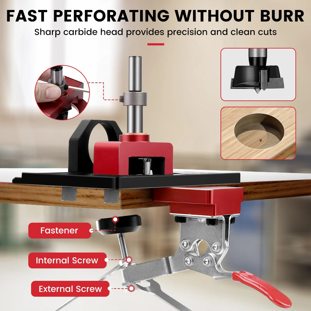 ENJOYWOOD Concealed Hinge Jig with Quick Clip and Dust Vacuum Adapter Concealed Door Hinge Jig 35mm Cabinet Hinge Jig Hinge Hole Drilling Jig for Woodworking Door Cabinet Hinges Mounting Tool
