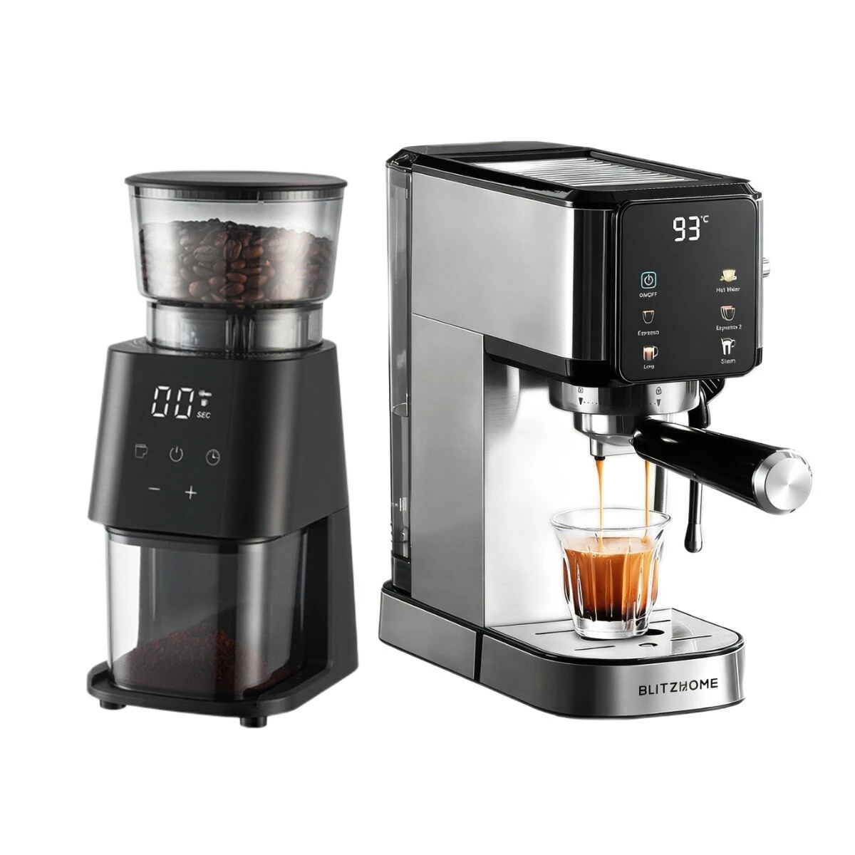 BlitzHome® CM5105 Espresso Coffee Machine & Novulife BG710T Coffee Grinder Set 20Bar Pressure Touch Screen 30 Grind Settings Home Barista Combo