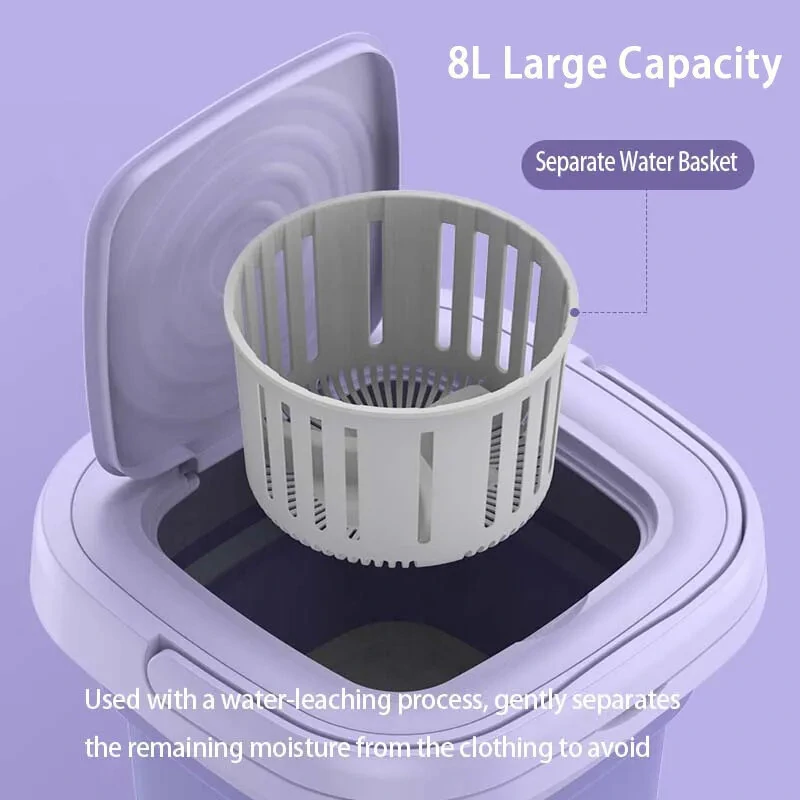 Portable Folding Mini Washing Machine 10W with Spin-Dry 8L Capacity Compact Design for Small Items Easy Operation Available in Lavender and Mint Green 110V or 220V Plug Option