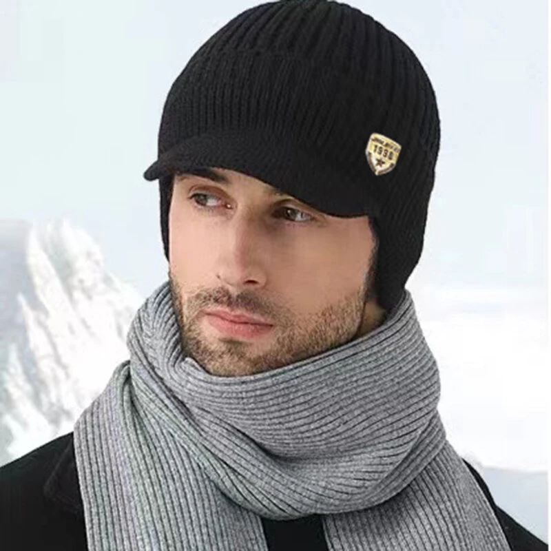 Collrown Men Winter Knitted Hat Outdoor Cycling Ear Protection Warmth Peaked Cap Riding Thick Earmuffs Beanie Hats